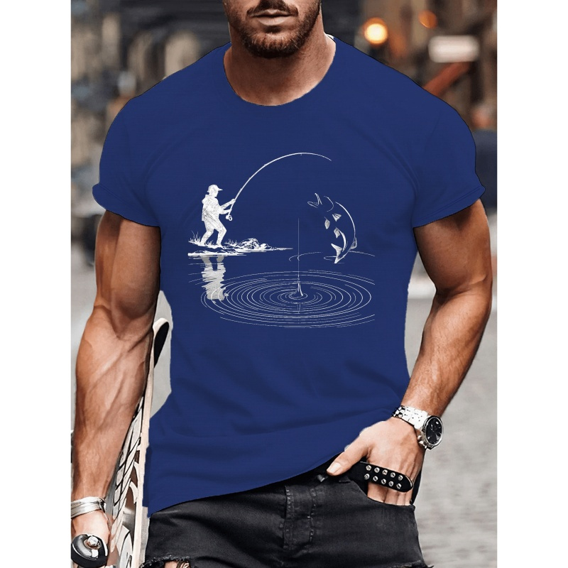 

T-shirt à imprimé silhouette de pêcheur, Tees pour Hommes, T-shirt Décontracté à Manches Courtes pour l'été