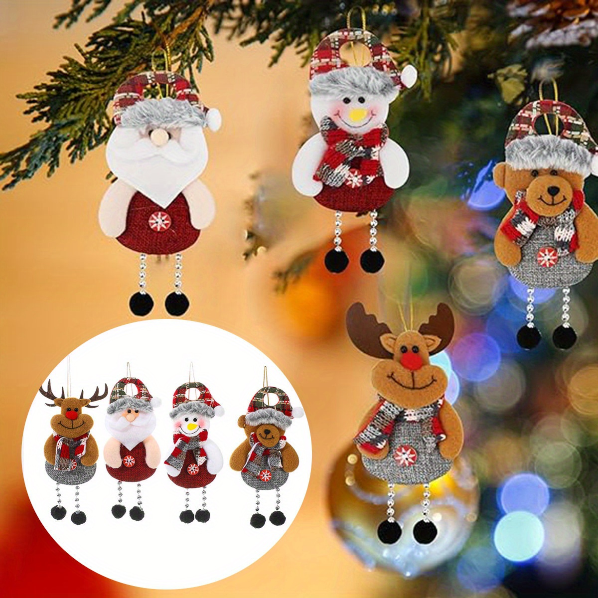 

4pcs Christmas Tree Pendants, Assorted Bear, Snowman, , Elk , Hanging Ornaments String, Christmas Party Supplies,