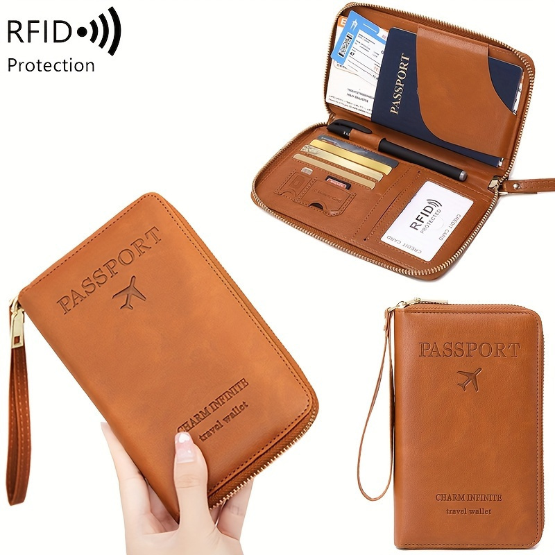 

Solid Color Rfid Portable Passport Holder, Multi Functional Airplane Ticket Clip, Card Wallet With Zipper And Wrist Strap