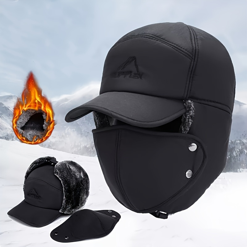 TEMU [customer Favorite] Winter Thermal Hat With Ear Flaps & Detachable Face Mask - Windproof, Skiing, Skating & Mountain Biking