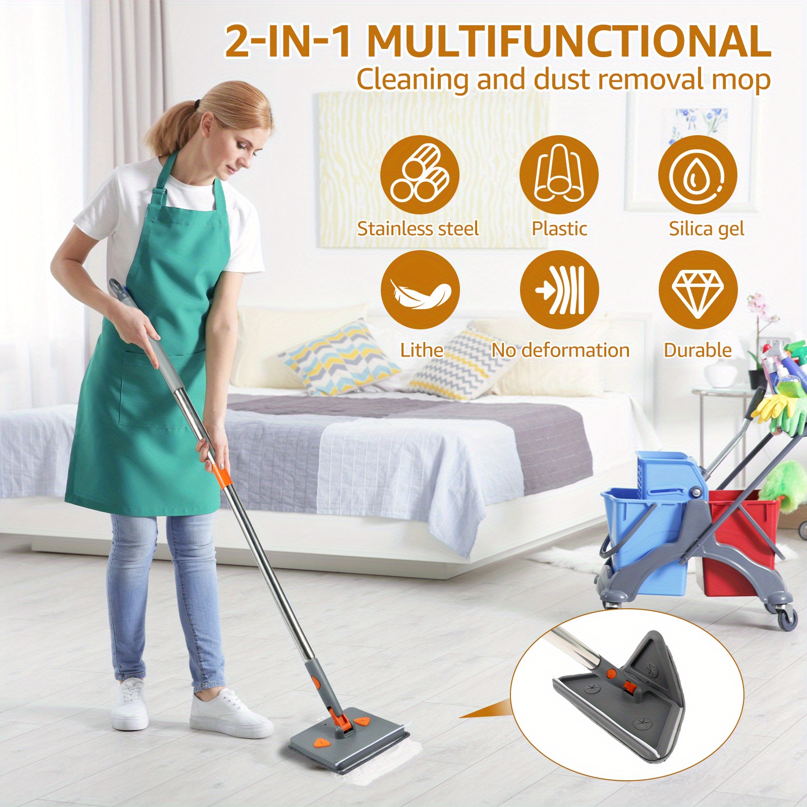 2 in 1 wall and floor cleaning mop with long handle   rectangle heads 360 rotatable reusable pads for walls ceilings baseboards multi surface cleaner tool for   room details 0