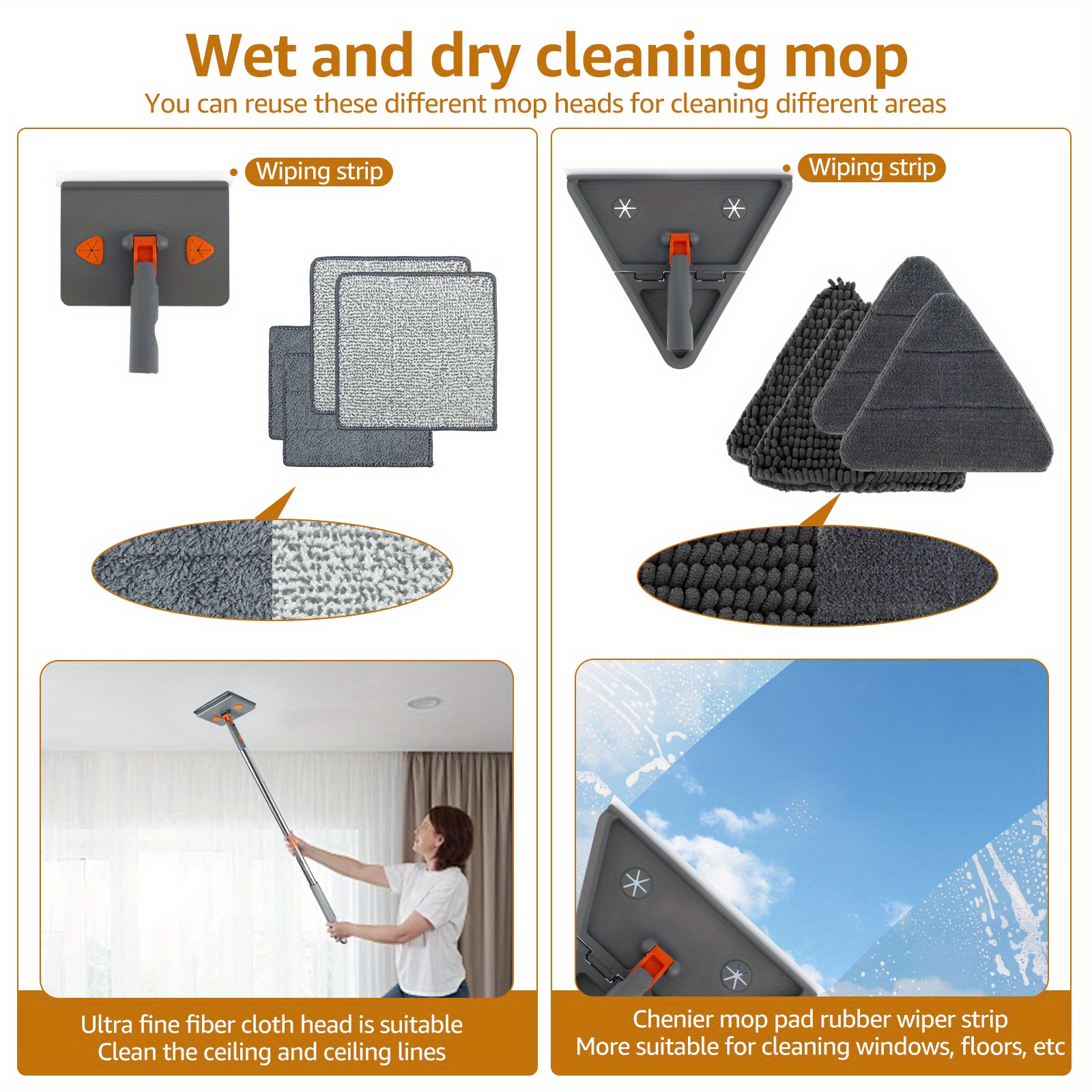 2 in 1 wall and floor cleaning mop with long handle   rectangle heads 360 rotatable reusable pads for walls ceilings baseboards multi surface cleaner tool for   room details 3