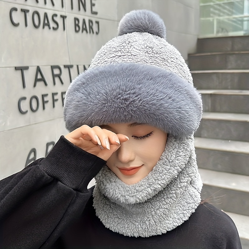 TEMU Wool Balaclava Hat And Neck Set, Warm Ear Muffs Windproof Hood, Thick Knit Fit For Cold - For Autumn & , Toggle Closure, Polyester, Woven , Wash - Occasion Ear Hat