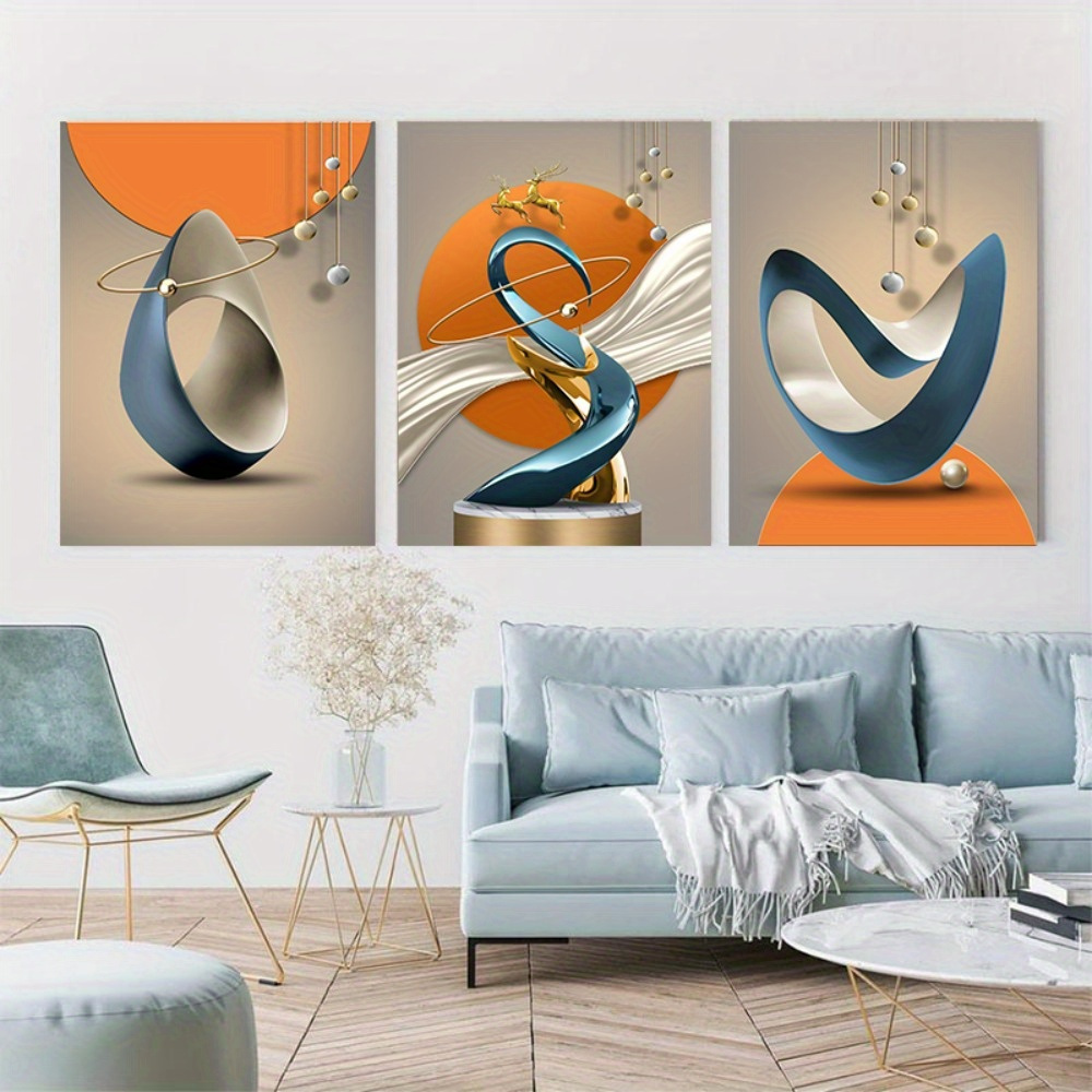 

3pcs Set Of Professionally Wooden Framed Modern Geometric Canvas Prints - Stunning Wall Art With -inspired Luxury Golden Drop Ring Shape Design - Perfect For Elevating Living Room