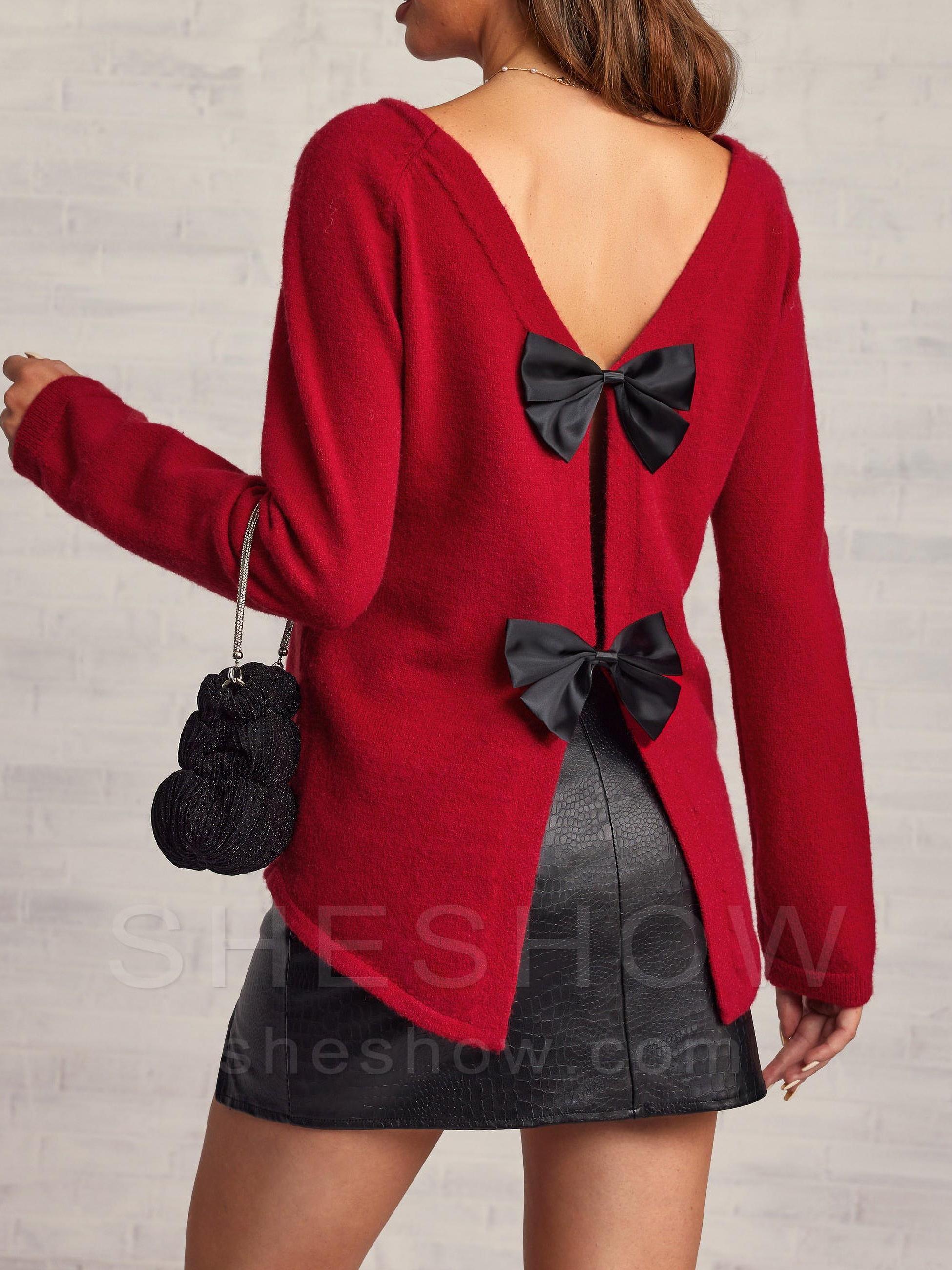 Bow Back Cut Out Detail Sweater, Elegant Long Sleeve Sweater For Fall  Winter, Women's Clothing