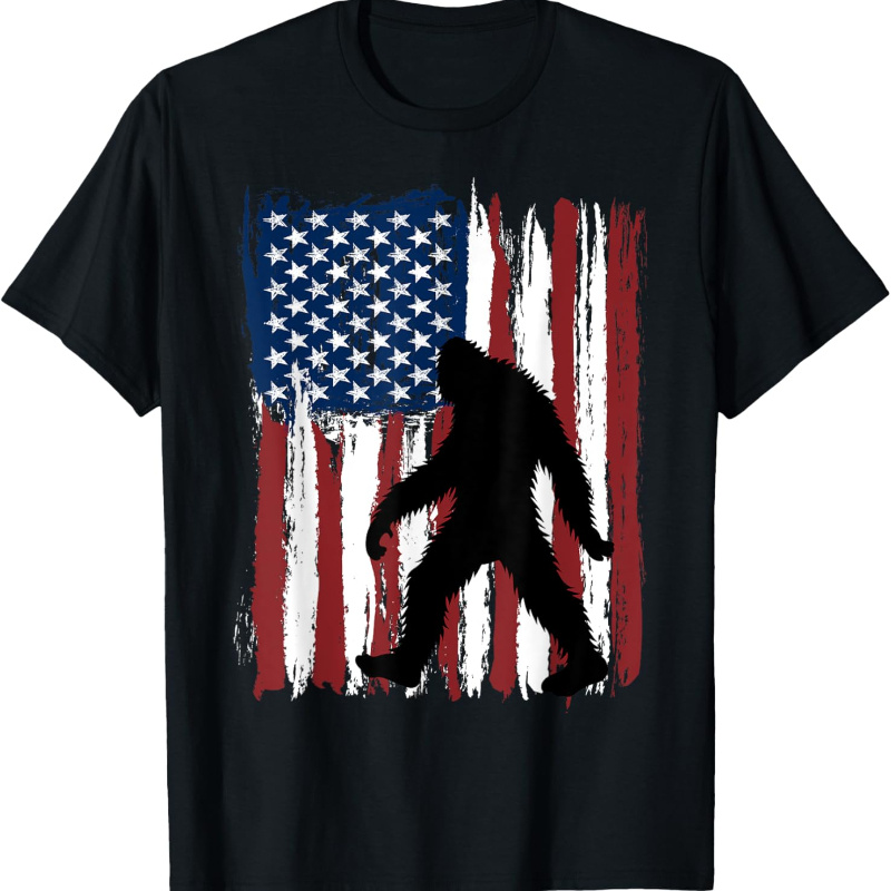 

American Flag And Sasquatch Silhouette Print, Men's Casual Round Short Sleeve Comfy Pure Cotton T-shirt For Summer Wear