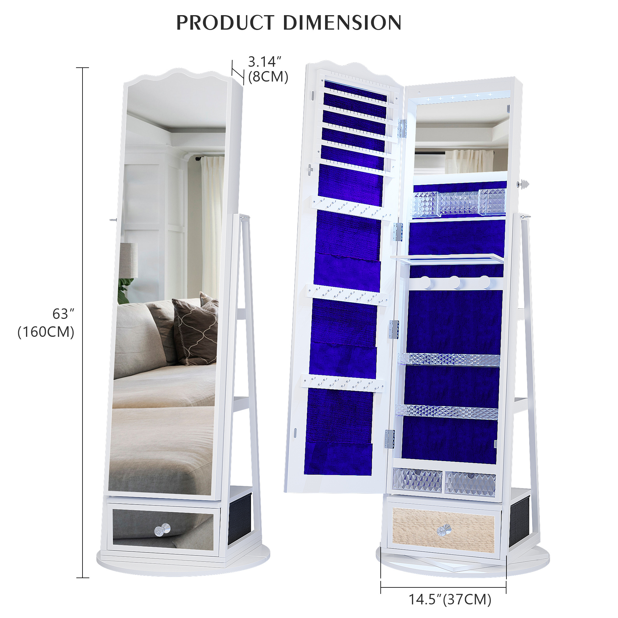 

Hnebc 360° Rotating Led Jewelry , Full Length Mirror Large Capacity Jewelry Organizer , Lockable Floor Standing Mirror With Back Storage Shelves For Bedroom,