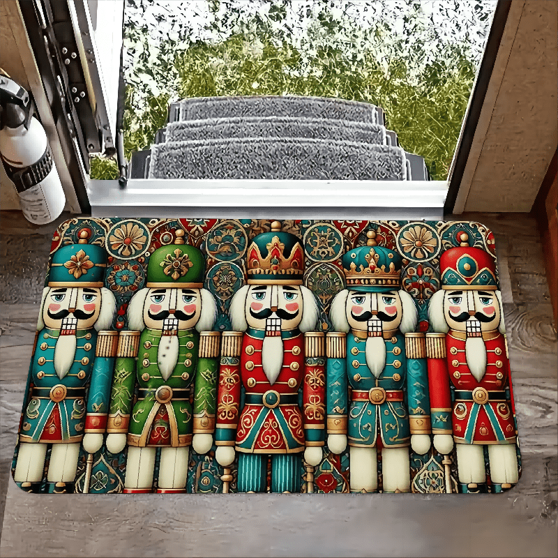 

Festive Nutcracker Soldiers Print Door Mat: Non-slip Polyester Area Rug, Stain Resistant, Washable, Laundry Room, Kitchen, Room Decor, Guest Room Decor