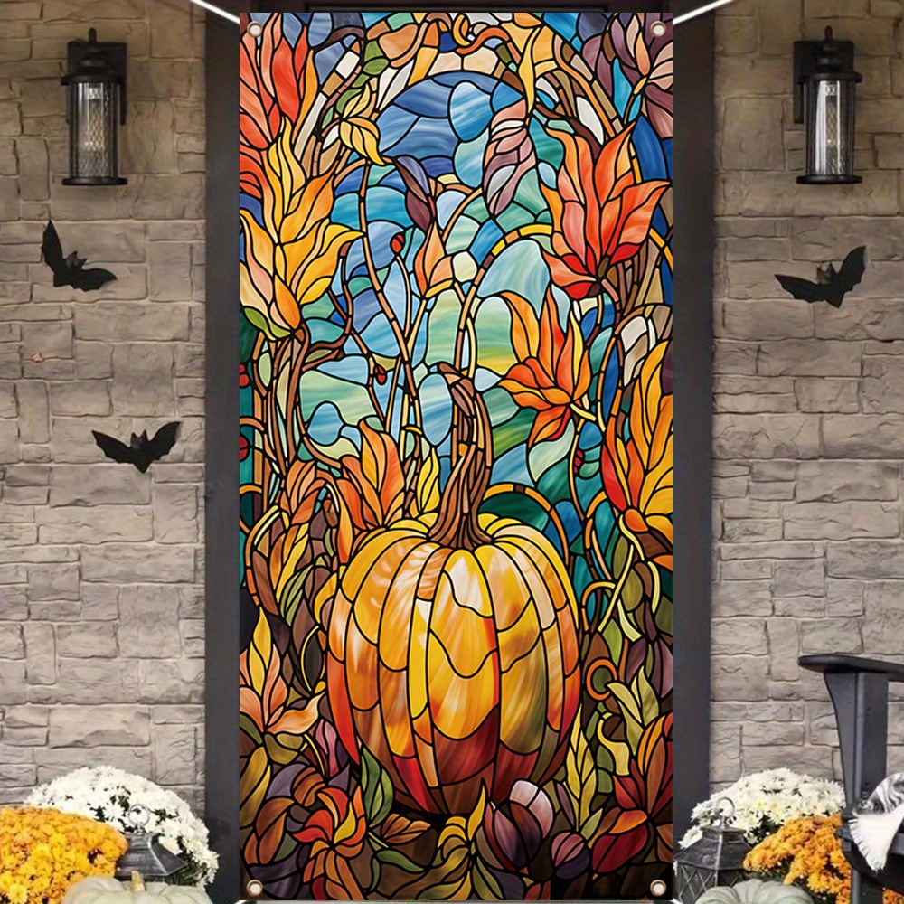 

Vibrant Pumpkin Stained Door Cover - Waterproof Polyester Banner For Fall, Thanksgiving & Decor | Farmhouse Parties & Home Celebrations