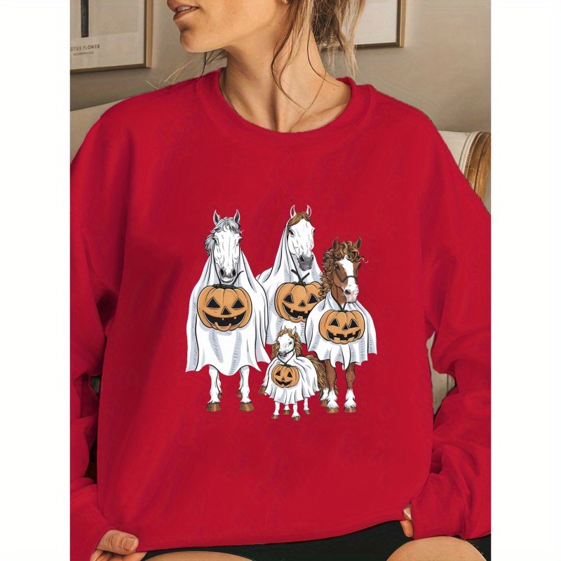 

Ghostly Horses Print Pullover Sweatshirt, Casual Long Sleeve Crew Neck Sweatshirt For Spring & Fall, Women's Clothing