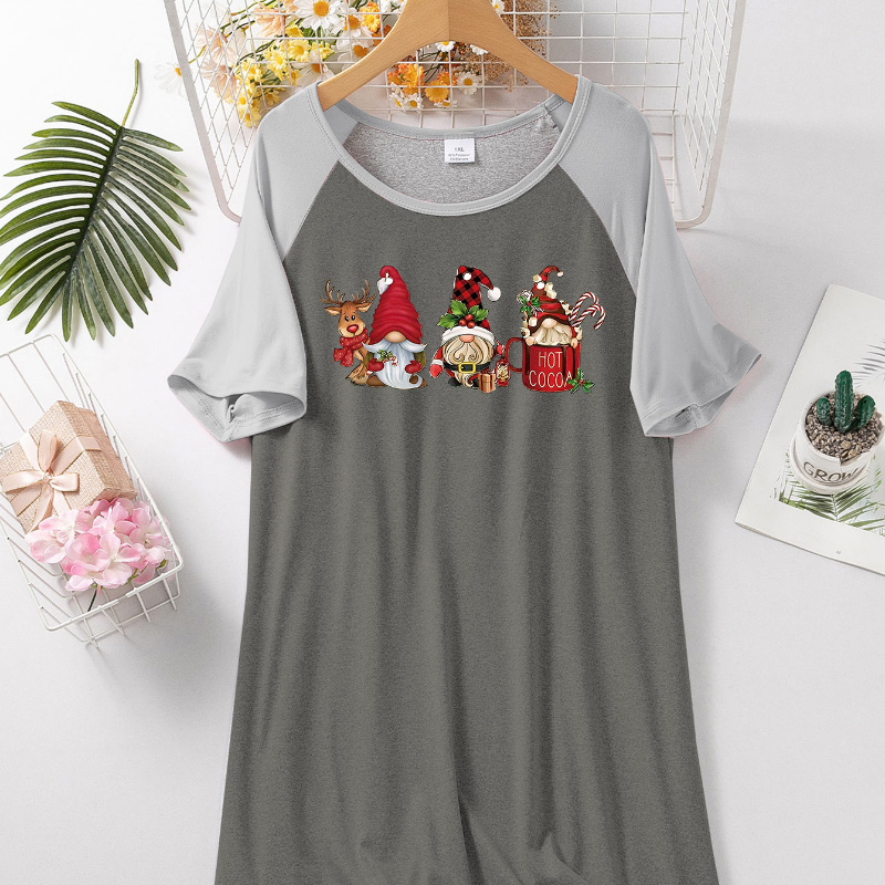 

Plus Size Christmas & Deer Print Short Raglan Sleeve Tee Lounge Dress, Women's Casual Crew Neck