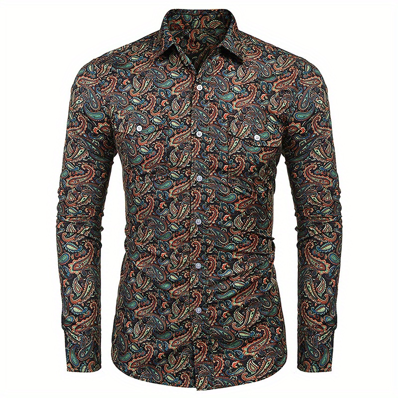 

Mens Paisley Printed Shirts Casual Long Sleeve Button Shirts Floral Dress Shirt With Pockets