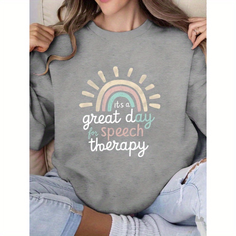 

Speech Therapy Print Pullover Sweatshirt, Casual Long Sleeve Crew Neck Sweatshirt For Spring & Fall, Women's Clothing