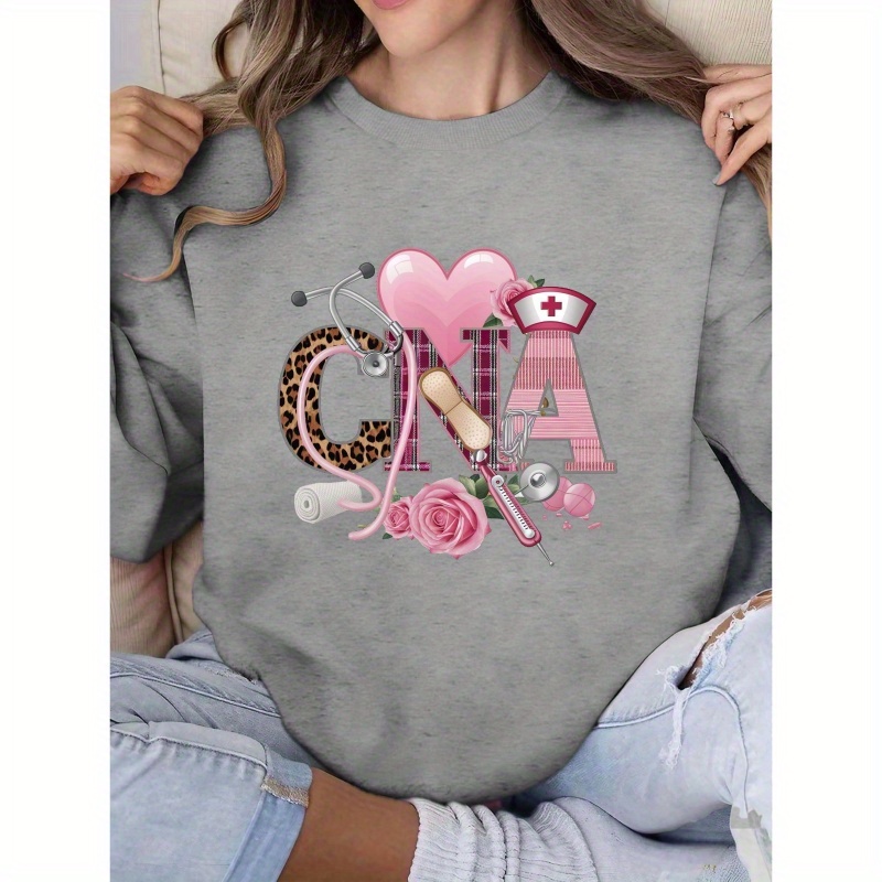 

Cna Medical Themed Design Print Pullover Sweatshirt, Casual Long Sleeve Crew Neck Sweatshirt For Spring & Fall, Women's Clothing