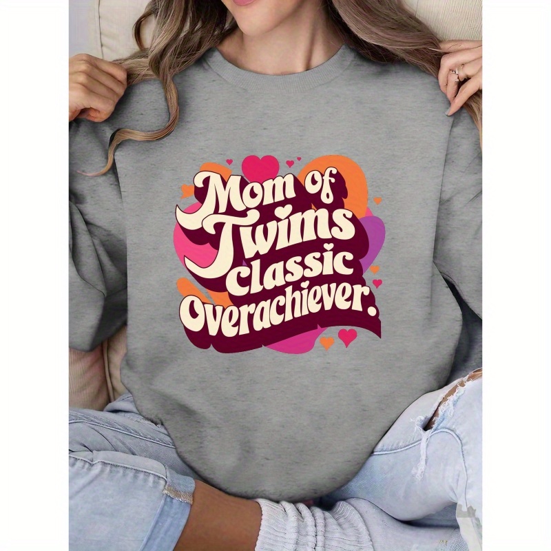 

Women's Casual Crew Neck Sweatshirt "mom Of Twins Classic " - 100% Polyester Knit Fabric With Geometric Pattern, Comfortable Fall/winter Top