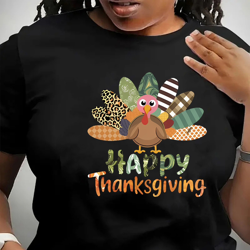 

Women's Thanksgiving Graphic T-shirt - Casual Round Neck Short Sleeve Tee With Cartoon Turkey Pattern, Polyester Knit Fabric Blend With Spandex, Floral Print Design, All-season Comfort Fit Top