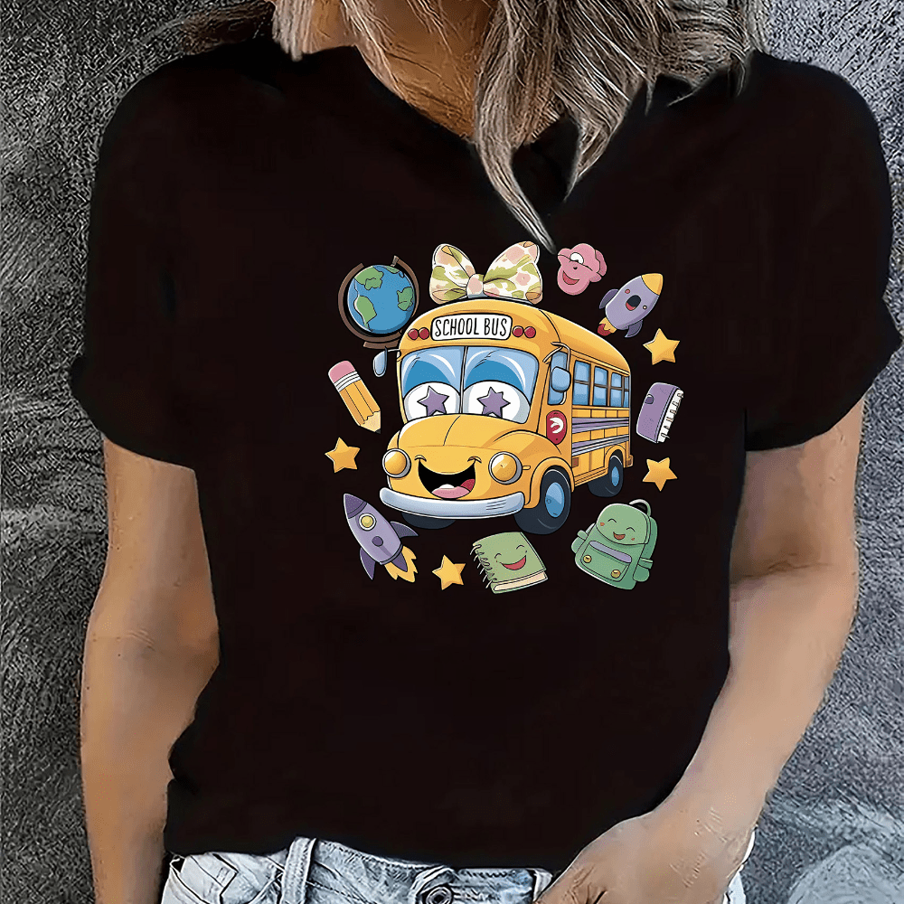 

Women's Short Sleeve T-shirt, Cute Cartoon School Bus Print Casual Athletic Top, Crew Neck Sporty Tee