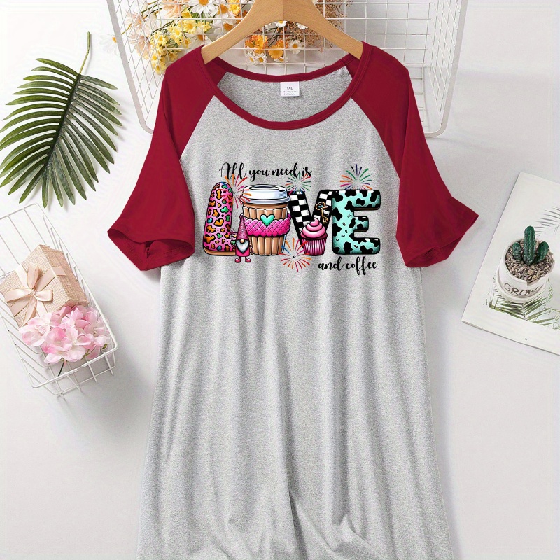 

Plus Size Women's Dress - "love & Coffee" Print, Red And Gray Raglan Sleeves, Soft Polyester Knit, Machine Washable, Plus Size Casual Dress