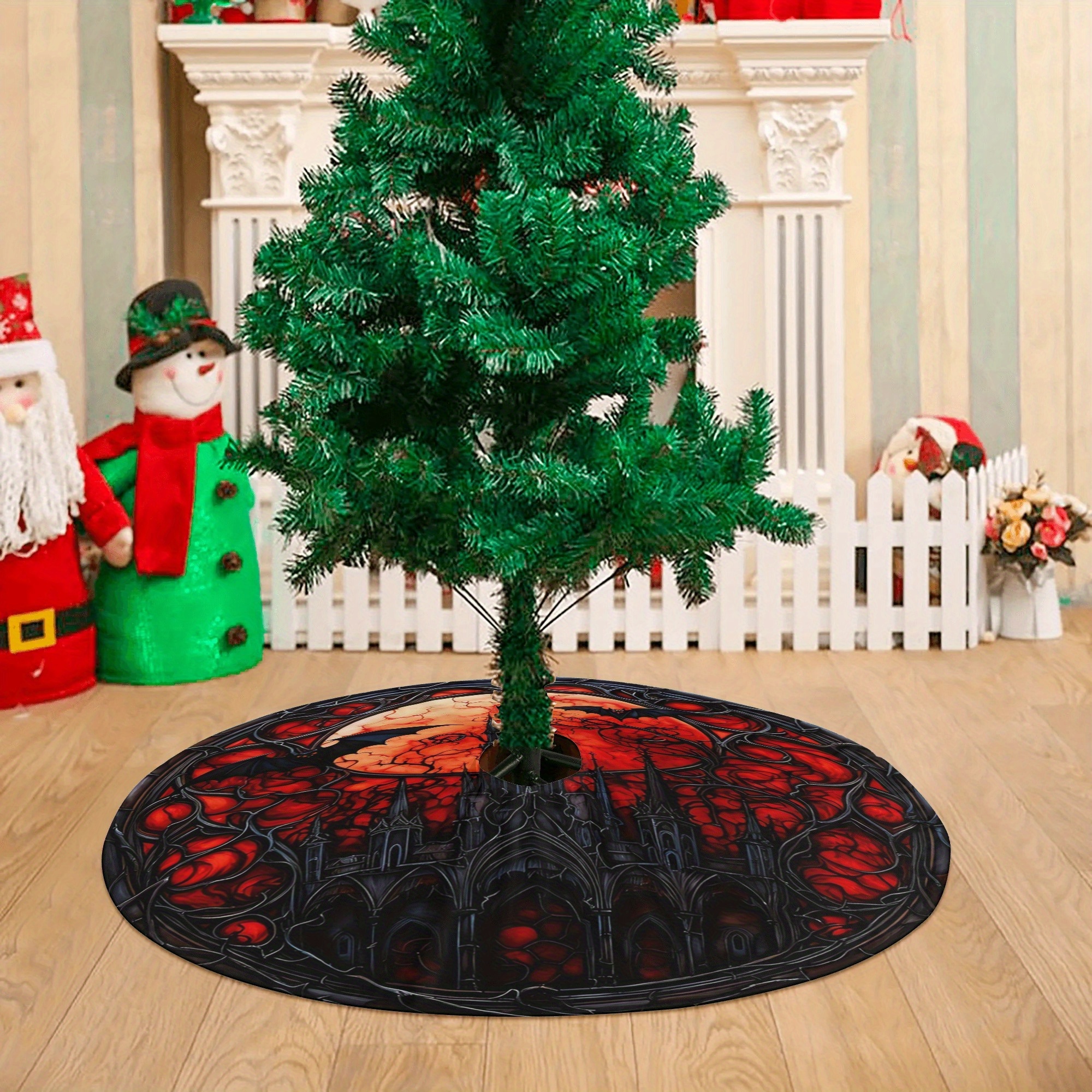 

1pc, 48x48inch Polyester Christmas Tree Skirt, Holiday Decor, Gothic Black Cat & Moon Design, Halloween & Dia De Los Muertos Themed, No Power Needed, For Home, Office, Party Decoration