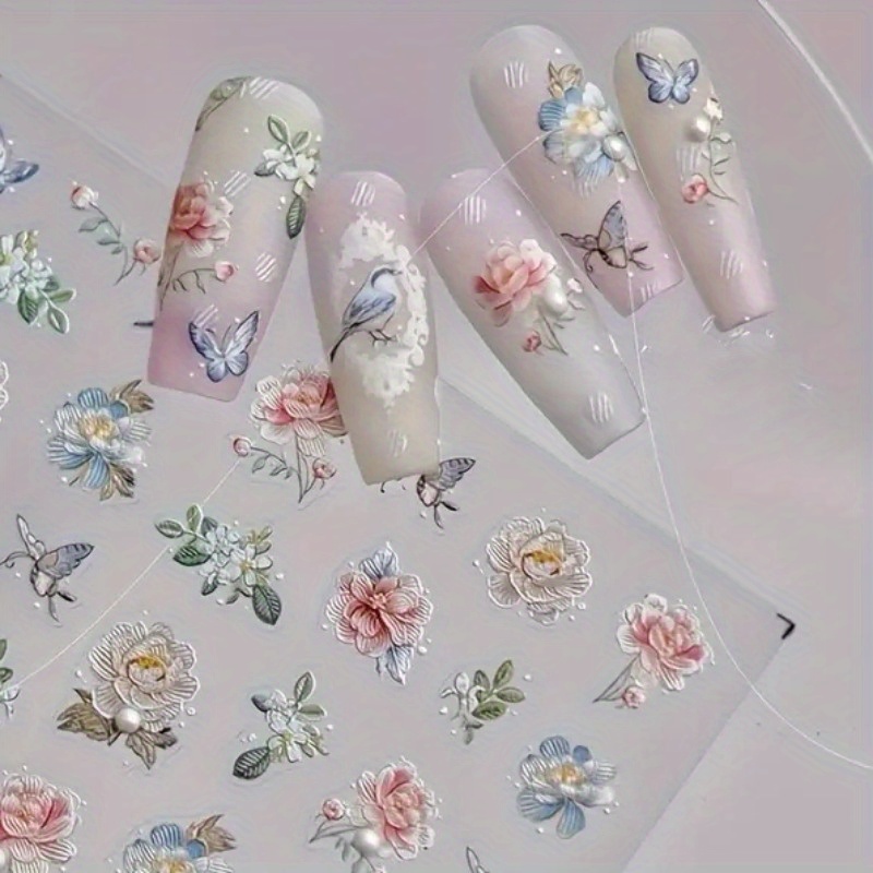 

5D Stickers d'art pour ongles avec motif de fleurs et de papillons en relief, décalcomanies pour la décoration des ongles, fournitures autocollantes pour femmes et filles.