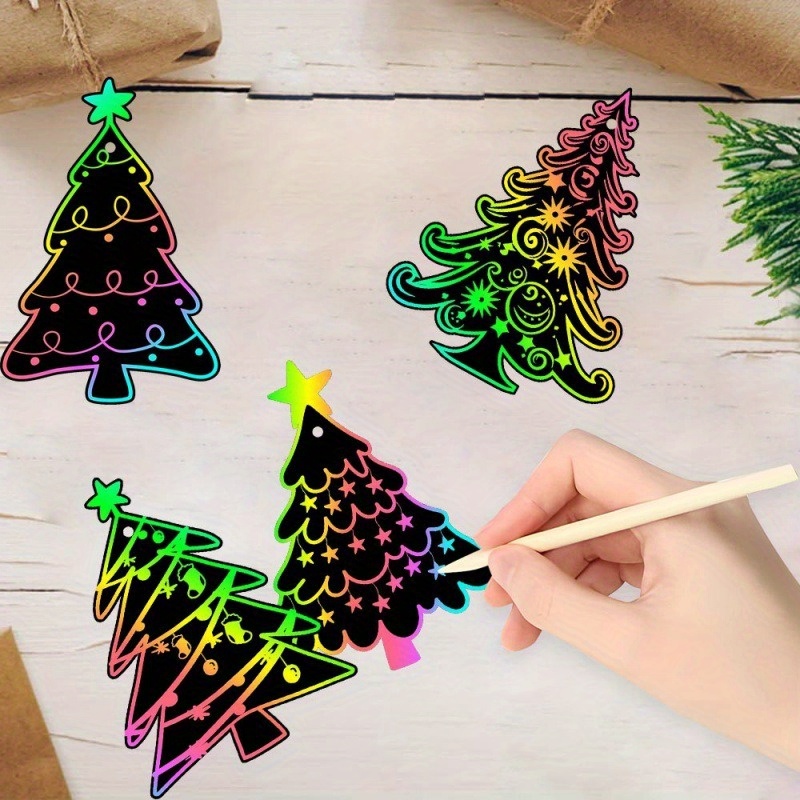 

24pcs Christmas Scratch Art Ornaments Kit - Diy Paper Scratch-off Cards With Wooden Styluses And Ribbons, Festive Craft Pendants For Holiday Party Decor, No Power Needed