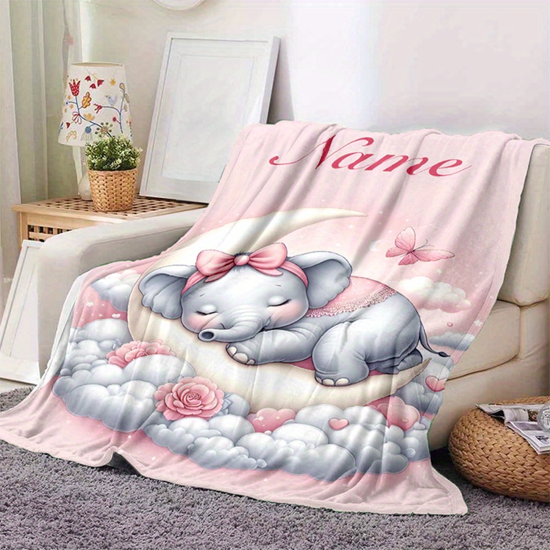 

Personalized Elephant Plush Blanket - , Warm Flannel With Custom Name - Couch, Bedroom, Or Travel - & Machine Washable