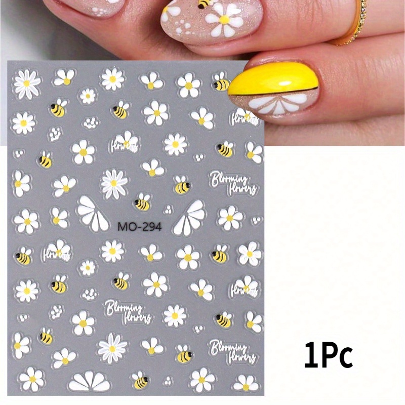 Image of 1 Sheet 3d Nail Art Stickers - Glossy Cartoon Floral Self-adhesive Decals, Rectangle Shape, Embroidered Plastic Decoration For Nails, Single Use, Unscented - Flowers & Cute Bees Theme