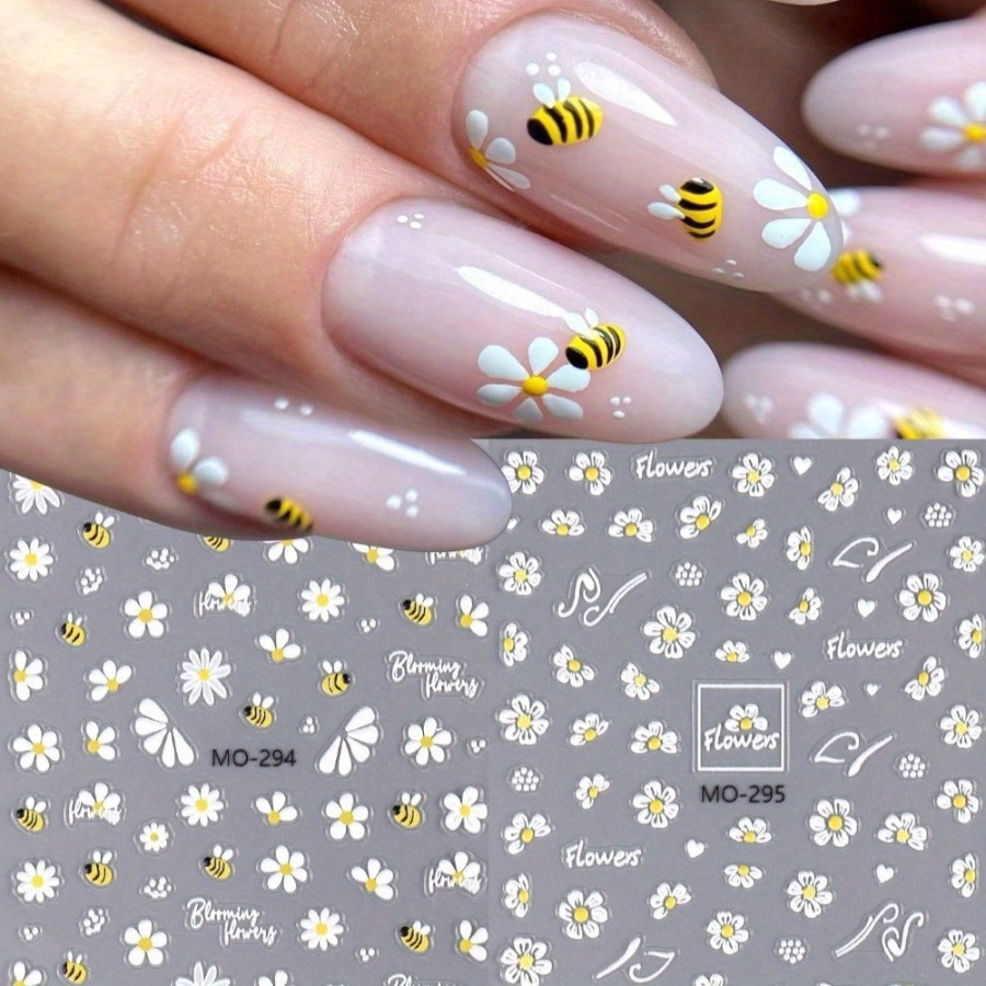 

1 Sheet 3d Bee Daisy Nail Art Stickers - Glossy Cartoon Floral Self-adhesive Decals, Rectangle Shape, Embroidered Plastic Decoration For Nails, Single Use, Unscented - Flowers & Cute Bees Theme