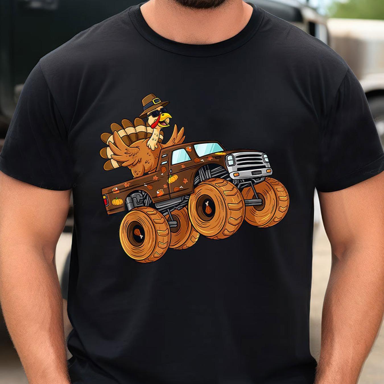 

Thanksgiving Turkey Riding Monster Truck Men's Cotton Printed T-shirt