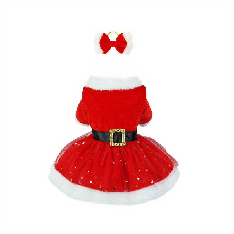 TEMU Festive Velvet Santa Pet Costume Set With Bow Headband, Pullover Christmas Outfit In Red, Polyester Woven Fabric Dress With Mesh Skirt, Fashionable Holiday Party Apparel For Small Breeds