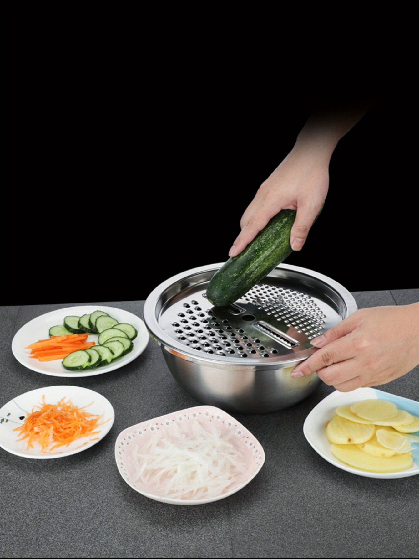 3pcs   stainless steel multi functional   set food grade thickened draining bowl with vegetable washing   strainer mandoline slicer for potato carrot cucumber details 1