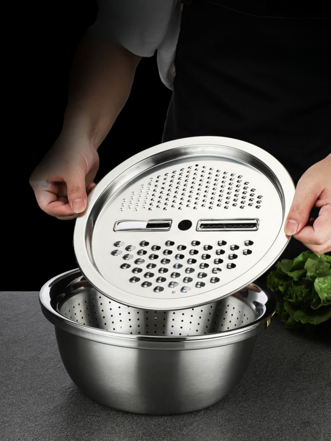 3pcs   stainless steel multi functional   set food grade thickened draining bowl with vegetable washing   strainer mandoline slicer for potato carrot cucumber details 2