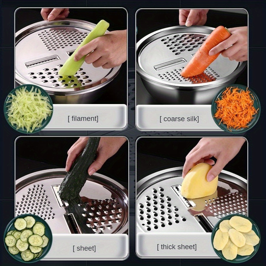 3pcs   stainless steel multi functional   set food grade thickened draining bowl with vegetable washing   strainer mandoline slicer for potato carrot cucumber details 3