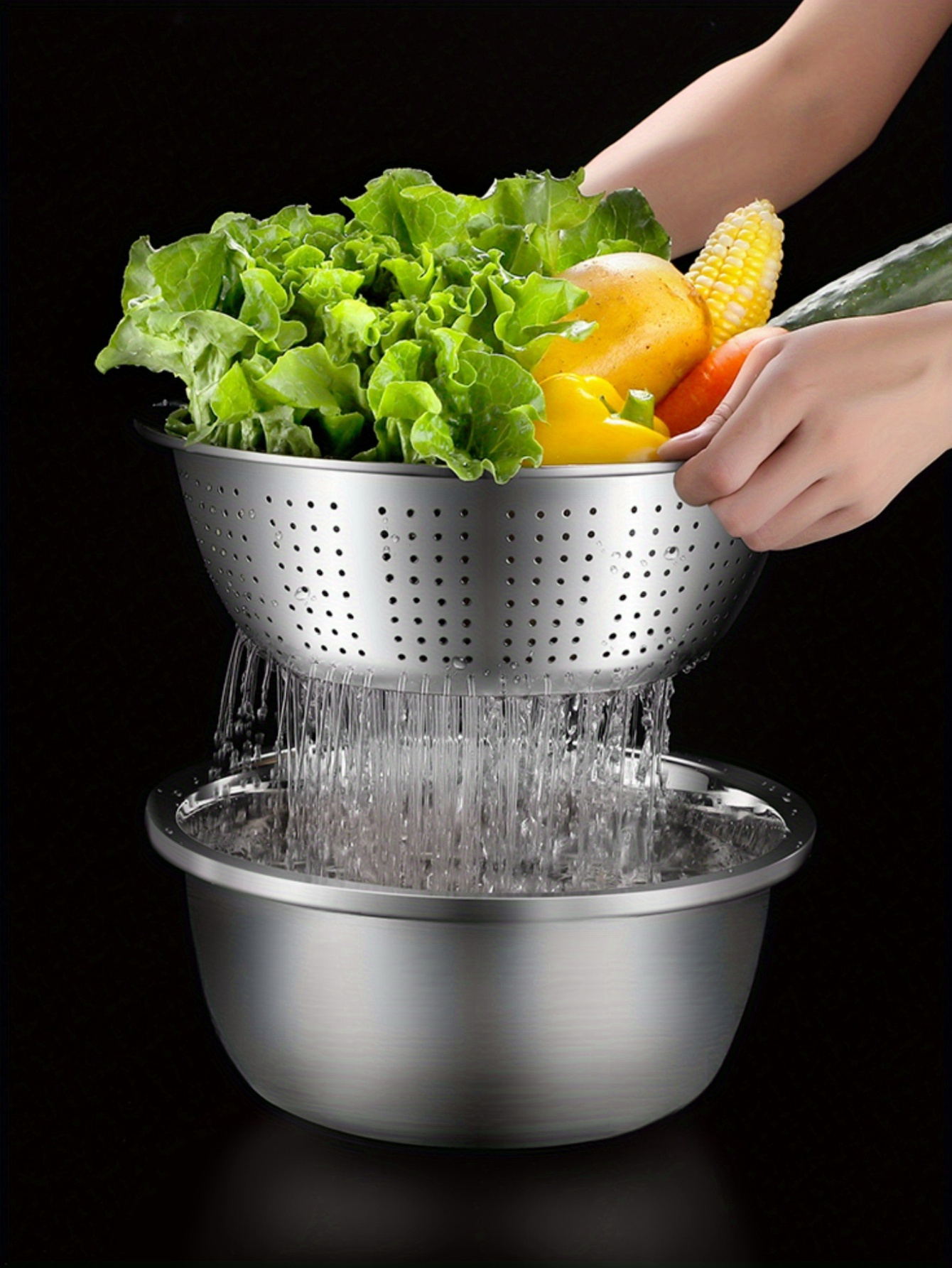 3pcs   stainless steel multi functional   set food grade thickened draining bowl with vegetable washing   strainer mandoline slicer for potato carrot cucumber details 9