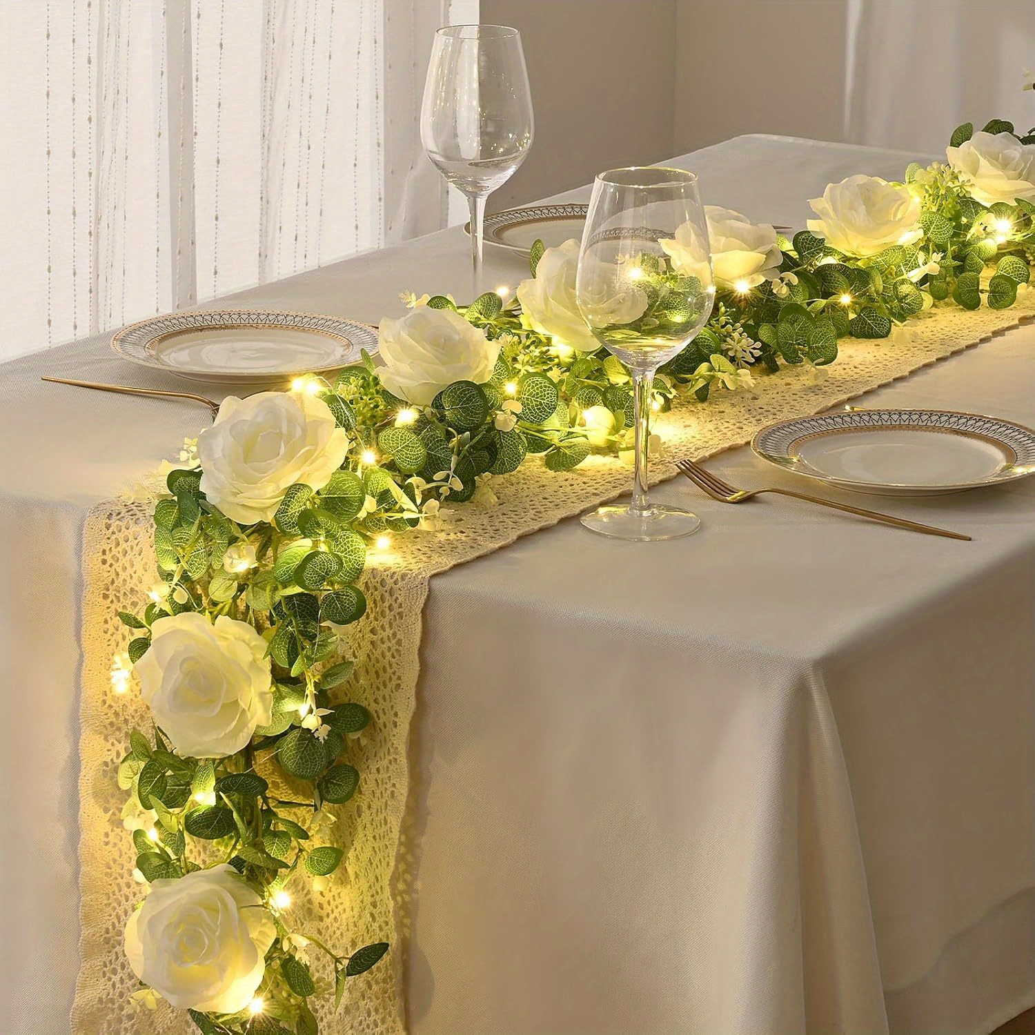 TEMU 1set 30led Lights Artificial Eucalyptus Garlands With Flowers- Roses, Greenery Garlands With Lights, Fake Flowers Hanging Vines For Table