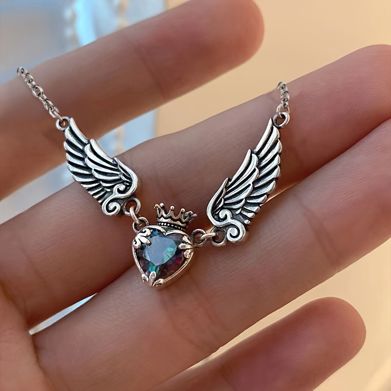 Image of Colorful Zirconia Pendant Necklace Featuring A Retro Design With A Love Crown And Wings, Perfect For Women To Wear At Parties, Vacations, Or Daily As Exquisite Carnival Jewelry