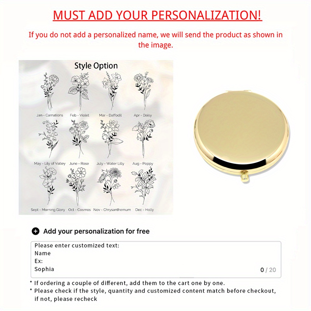 E-shop 1 Stück Personalisierter Kompaktspiegel mit Geburtsblume, Individuelles Namensgeschenk für Frauen, Brautjungfern-Vorschlagsgeschenke,