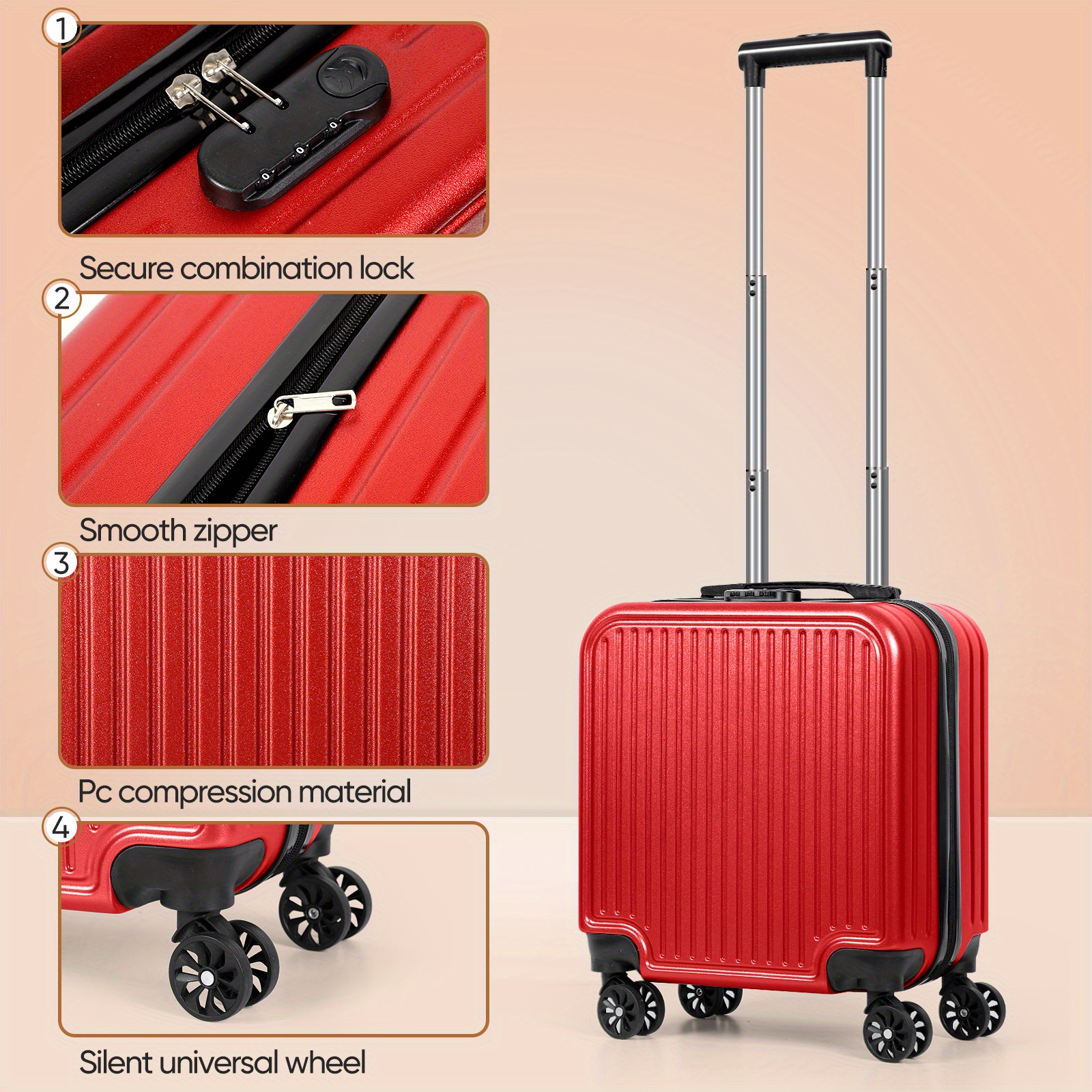 Underseat Carry On Luggage Hard Shell Mini Small Suitcase with Wheels Red Lightweight Travel Bag for Easy Maneuverability