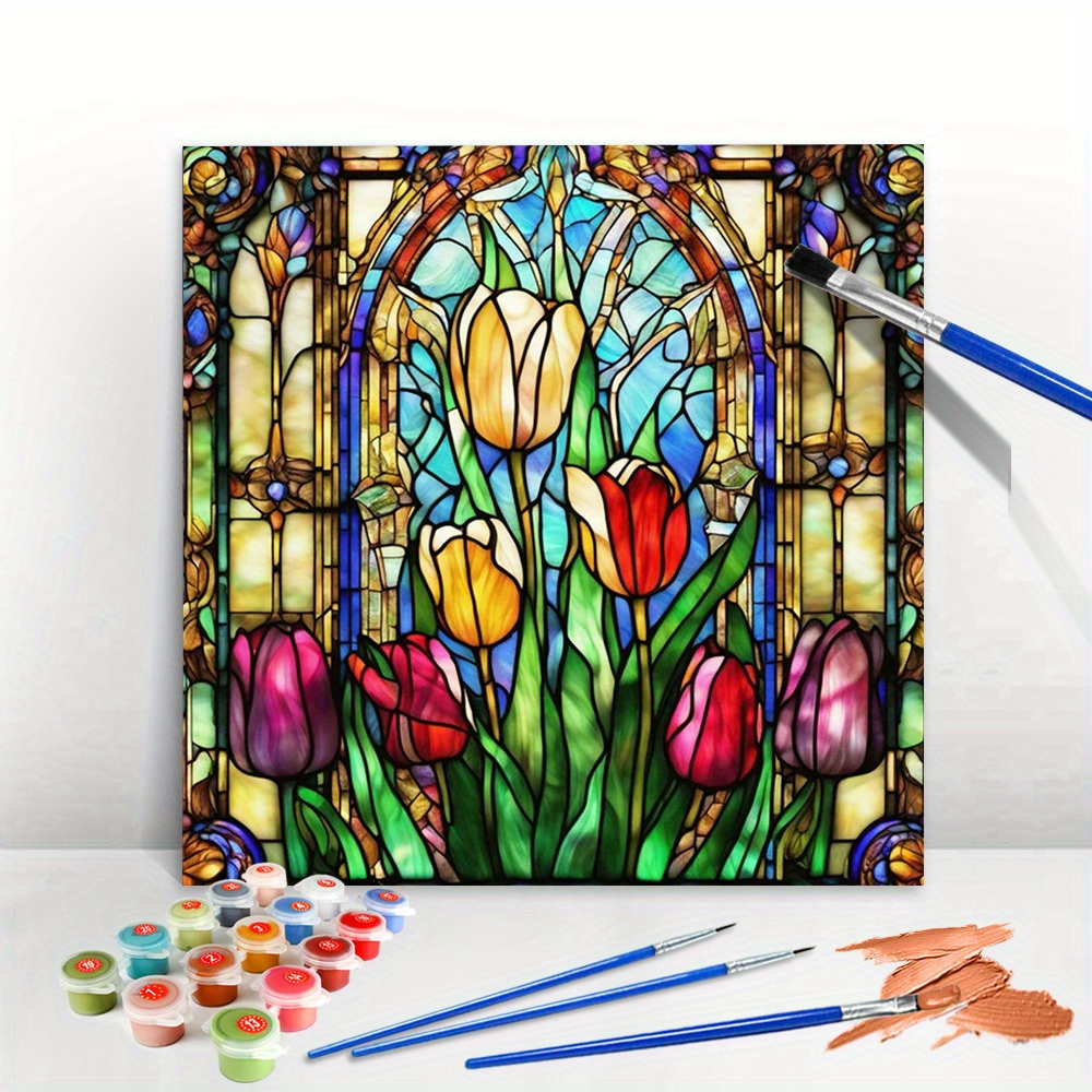 

Tulip Stained Glass Paint By Numbers Kit For Adults, Canvas Diy Hand Painting Art Set With 3 High-quality Brushes, Floral Wall Decor Craft