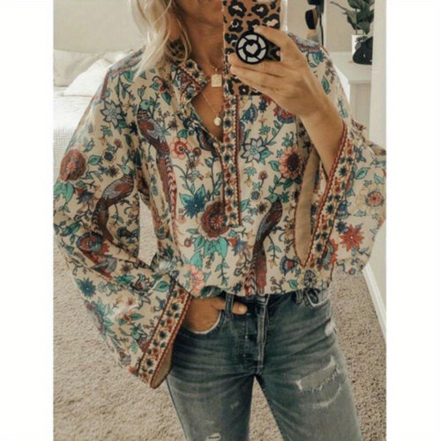 

Women Casual Blouse, Long Sleeve Floral Printed Loose V-neck Tops, Loose Spring/fall Top Shirt