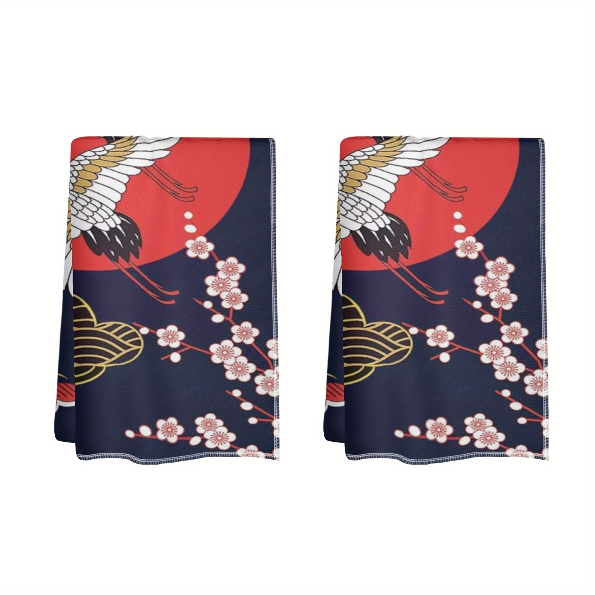 

2-pack Vintage Japanese-inspired Polyester Dish Towels - Soft Oriental Aesthetic Rectangular Kitchen Towels, Elegant Crane & Cherry Design, Machine Washable, Woven Dish Cloths (18x26 Inches)