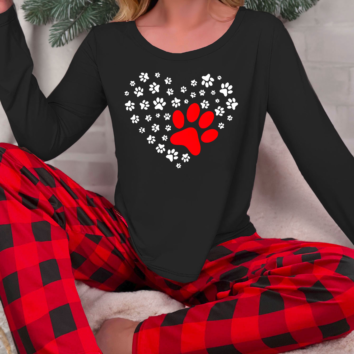 

Women's Casual Paw Heart Print Lounge Set For Fall, Long Sleeve Round Neck Top & Pants, Comfortable Relaxed Fit