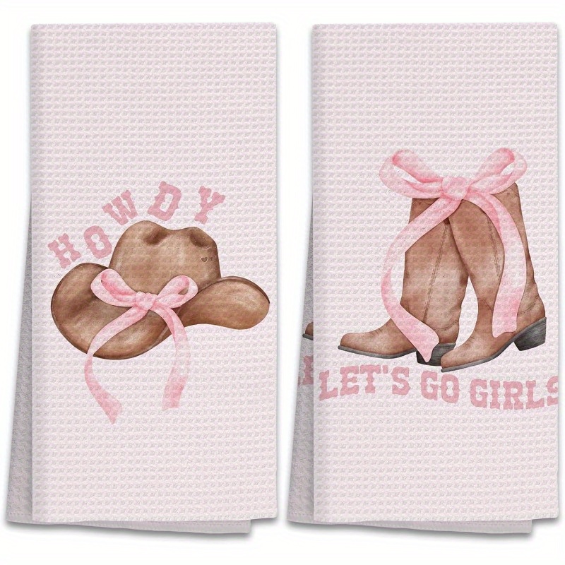 

Western Cowgirl Kitchen Towels - 2 Piece Set Super Soft Polyester Contemporary Dish Cloths, Woven With Theme, Machine Washable Oblong Dish Towels Featuring Hats & Boots Design