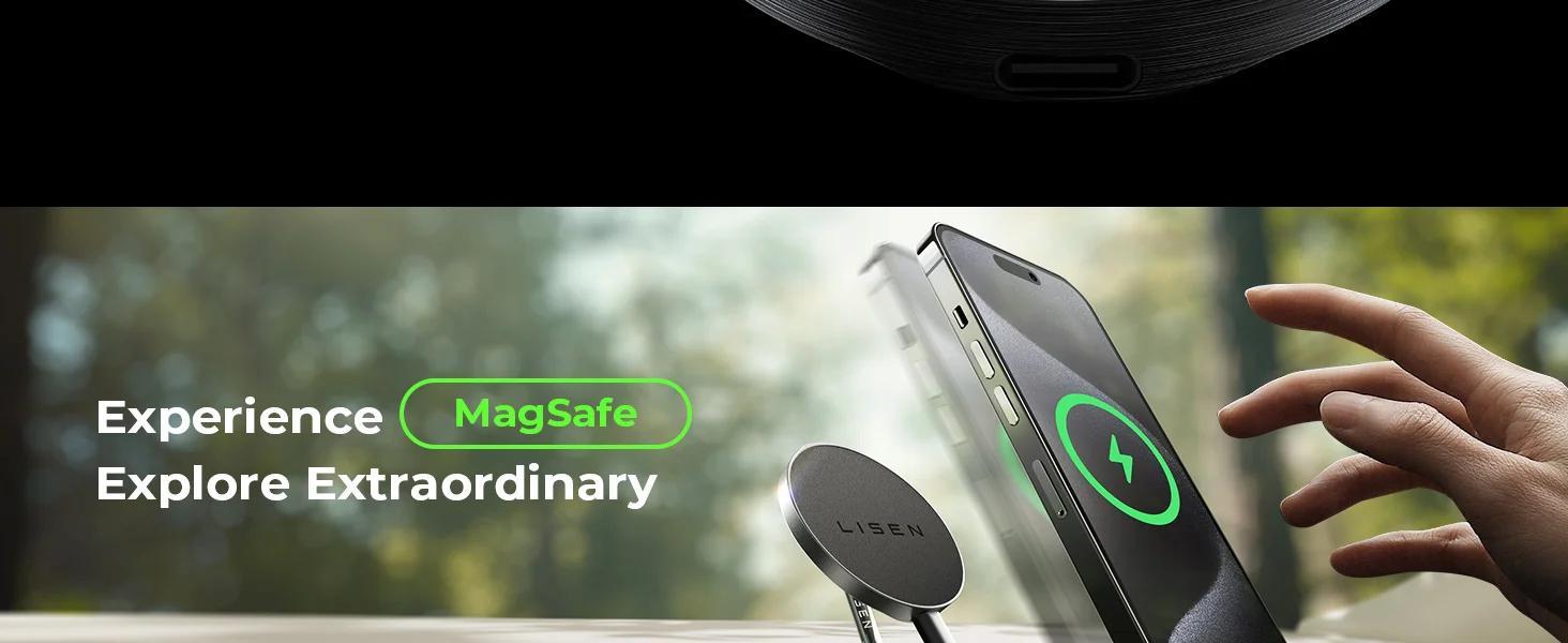 LISEN Car Charger 15W - 360° Rotating Magnetic Wireless Phone Holder with Foldable Arm, Strong Nano Adhesive, One-Click Release, Compatible with iPhone 12/13/14/15 Series & More, Black, Magnetic Phone Holder for Car