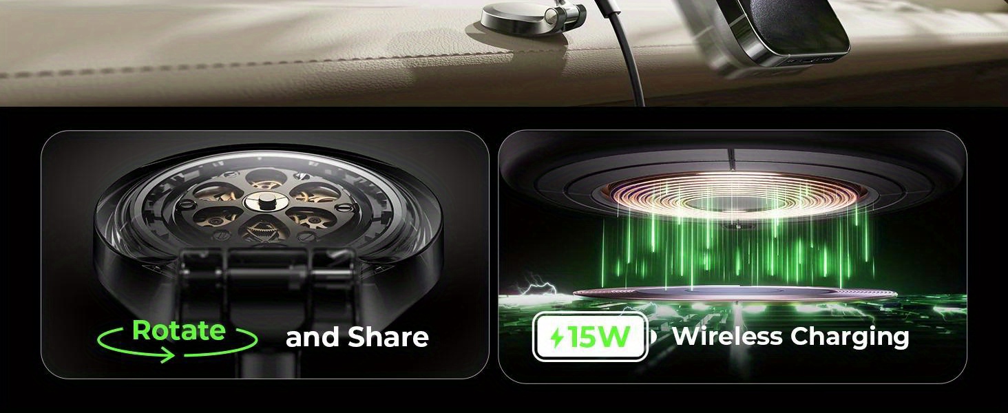 LISEN Car Charger 15W - 360° Rotating Magnetic Wireless Phone Holder with Foldable Arm, Strong Nano Adhesive, One-Click Release, Compatible with iPhone 12/13/14/15 Series & More, Black, Magnetic Phone Holder for Car