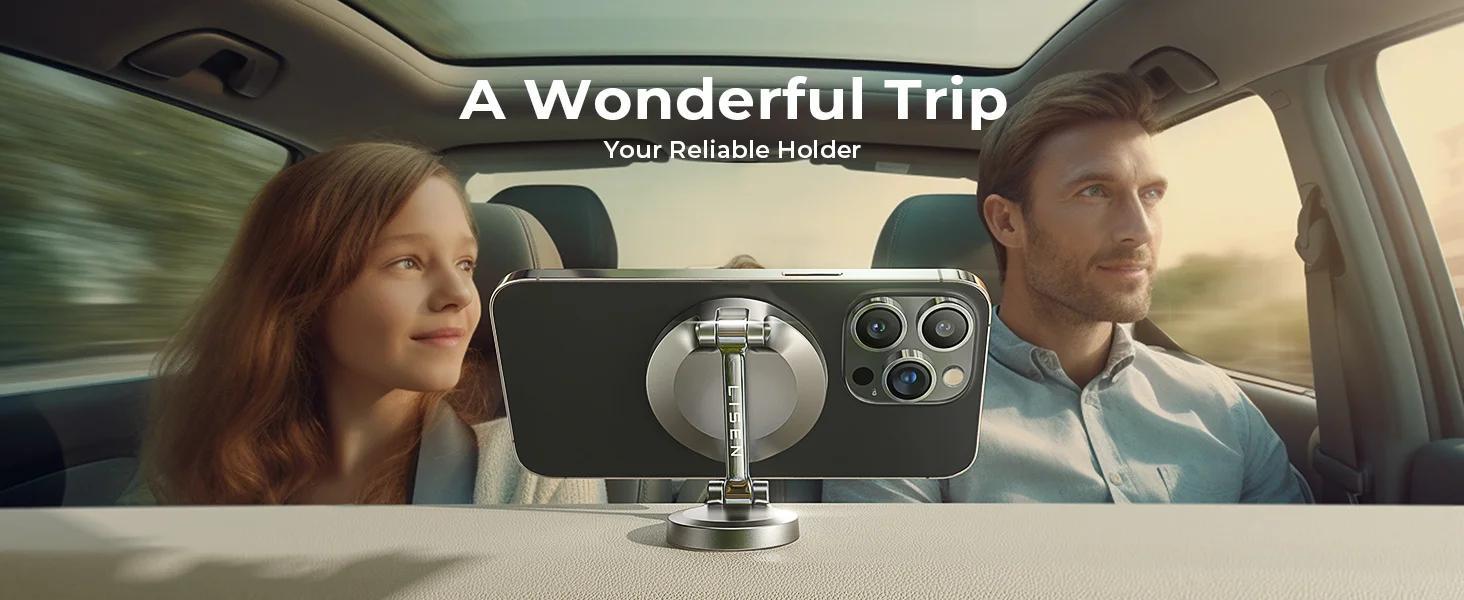 LISEN Car Charger 15W - 360° Rotating Magnetic Wireless Phone Holder with Foldable Arm, Strong Nano Adhesive, One-Click Release, Compatible with iPhone 12/13/14/15 Series & More, Black, Magnetic Phone Holder for Car