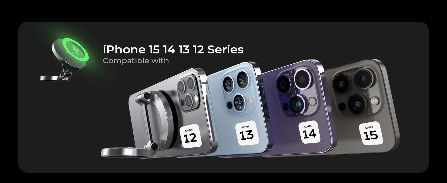 LISEN Car Charger 15W - 360° Rotating Magnetic Wireless Phone Holder with Foldable Arm, Strong Nano Adhesive, One-Click Release, Compatible with iPhone 12/13/14/15 Series & More, Black, Magnetic Phone Holder for Car