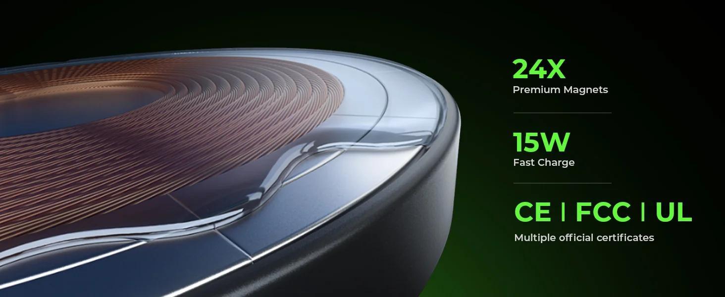 LISEN Car Charger 15W - 360° Rotating Magnetic Wireless Phone Holder with Foldable Arm, Strong Nano Adhesive, One-Click Release, Compatible with iPhone 12/13/14/15 Series & More, Black, Magnetic Phone Holder for Car