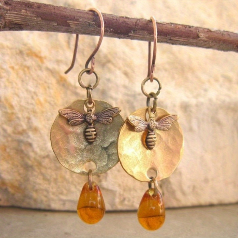 Image of Handmade Hammer Patterned Amber Earrings With Bee Inlaid Glass Pendant Earrings For Women' Party Fashion Earrings