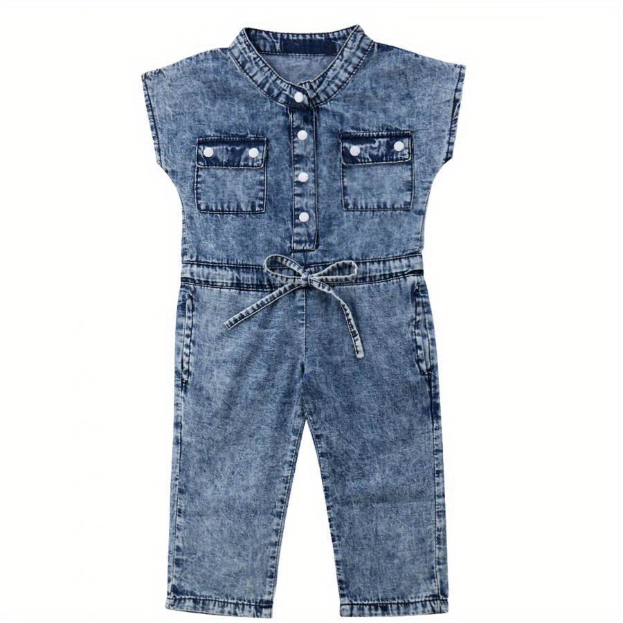 

Sleeveless Denim Romper For Baby Girls - Button- Jumpsuit With Pockets, Waistband & Ankle Length, Light Blue, Toddlers & Infants, Outdoor